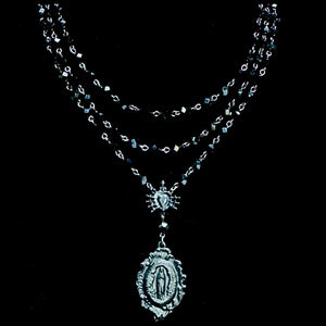 Black Madonna Seven Swords Necklace in Black Jet Rose Beads
