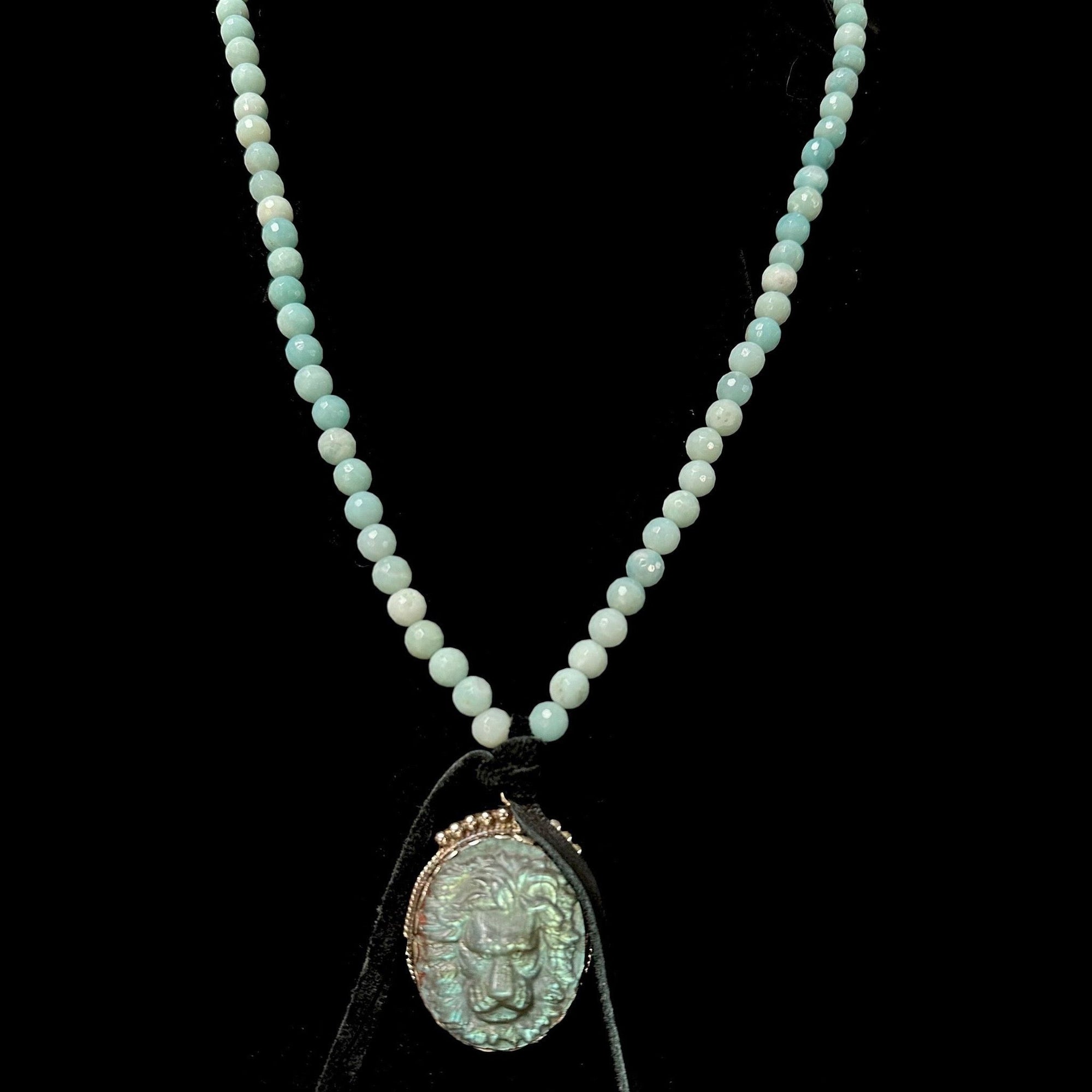 One of a Kind  Carved Repousse Lion in Faceted Amazonite Necklace