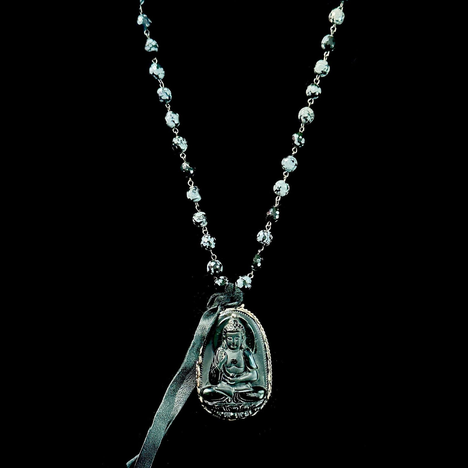 Limited Edition Carved Repousse  Buddha in Black & Snowflake Obsidian Necklace