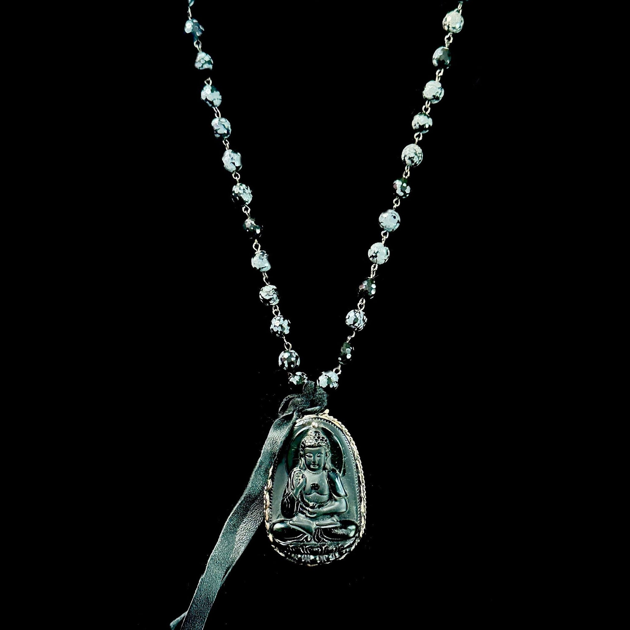 Repousse Snowflake Limited Edition Carved Repousse Buddha in Black & Snowflake Obsidian N ...