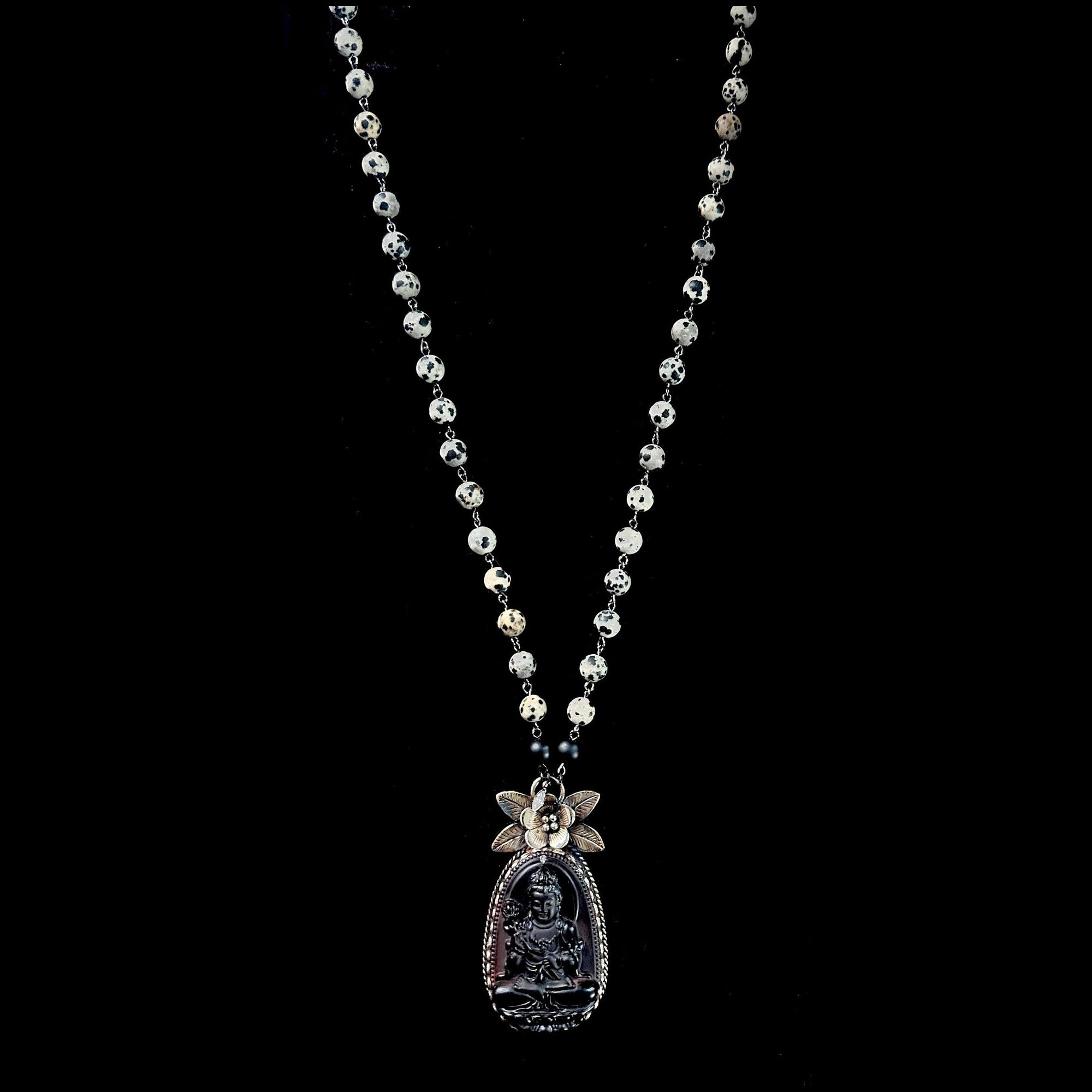 One of A Kind  Black Obsidian Repousse Tara Necklace in Dalmatian Jasper