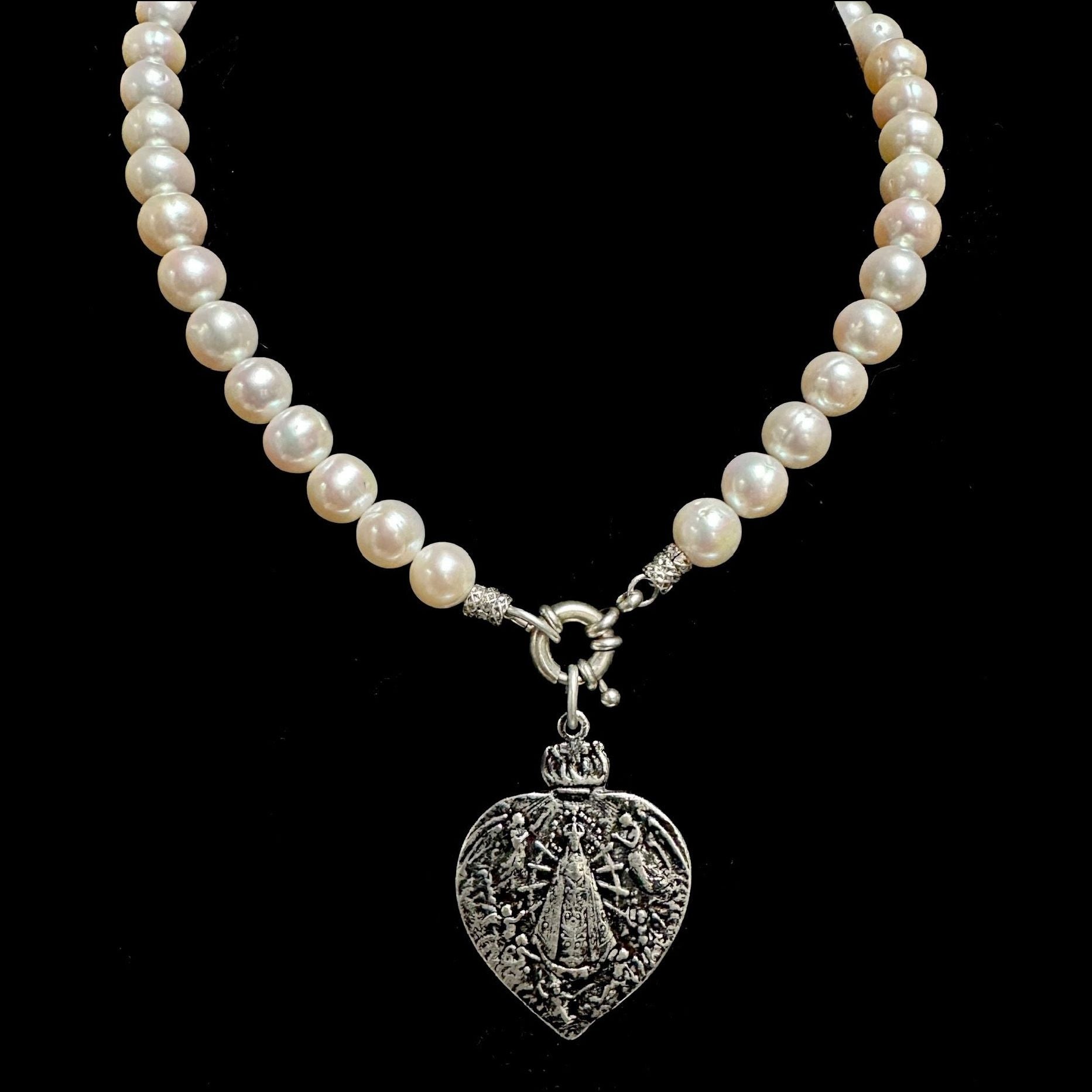 Limited Edition White Freshwater Pearl Our Lady of Lujan Necklace - Silver