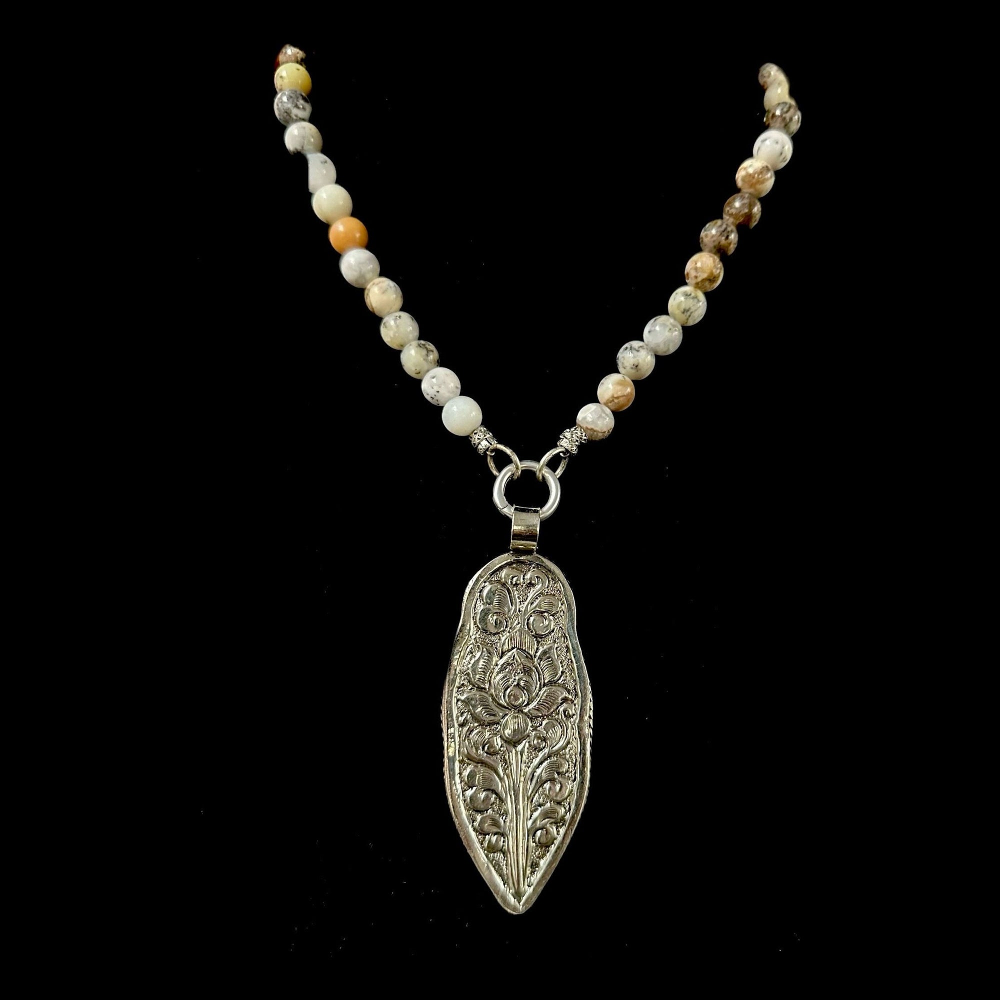 Last One! Limited Edition  Carved Repousse Tibetan Silver Siddhartha Dendritic Opal Necklace