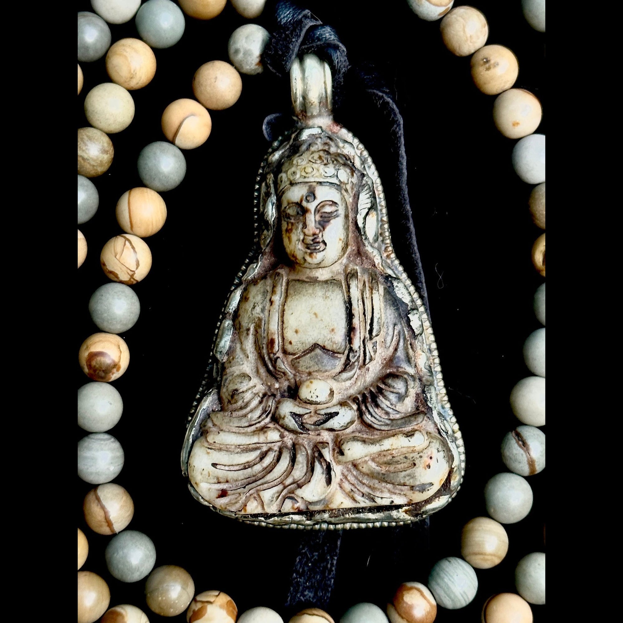 One of a Kind  Carved Repousse Silver Buddha Wild Horse Jasper  Necklace