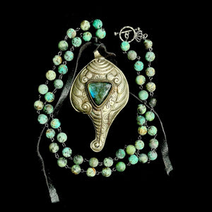 One of a Kind Auspicious Conch Repousse Silver Pendant with African Turquoise Necklace