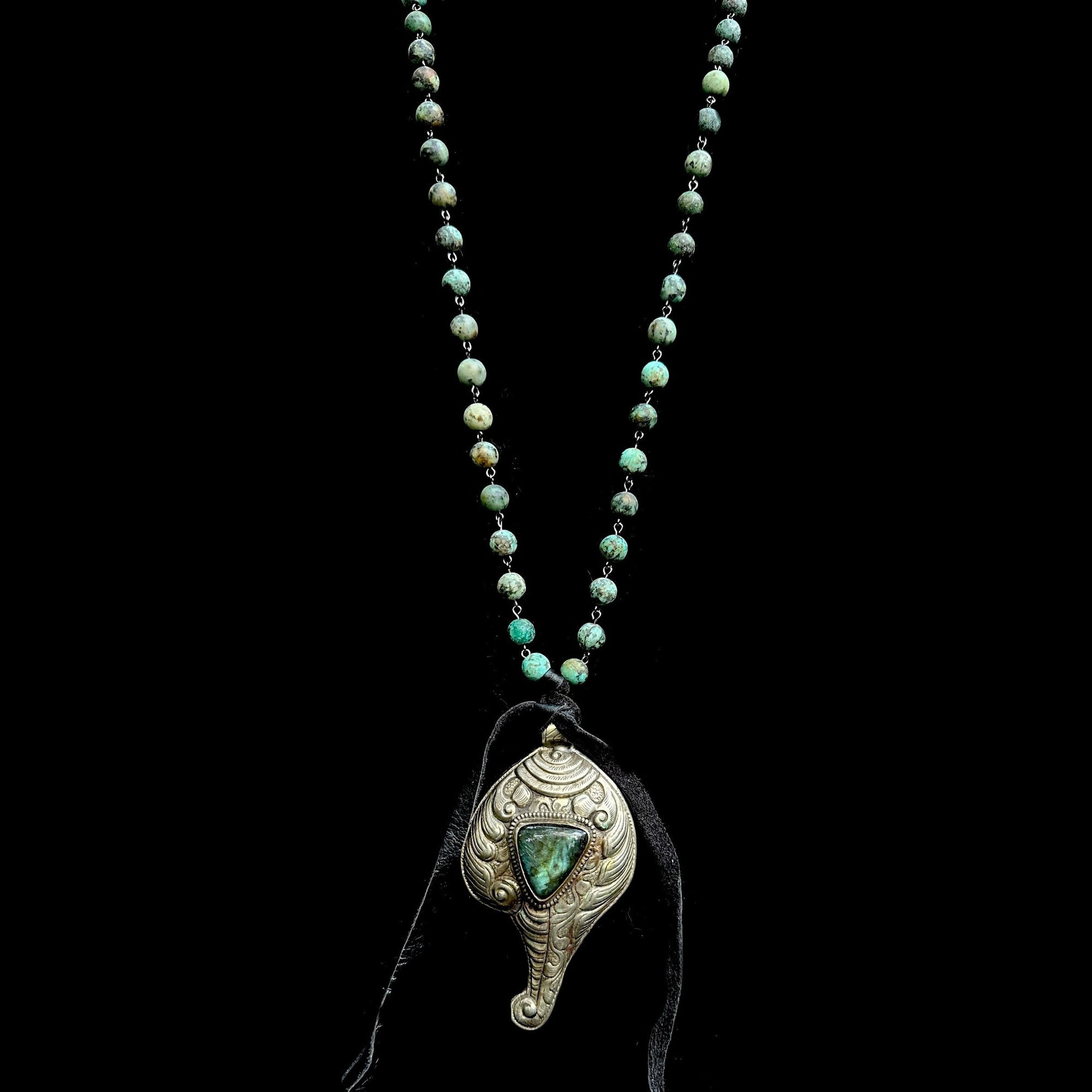 One of a Kind Auspicious Conch Repousse Silver Pendant with African Turquoise Necklace
