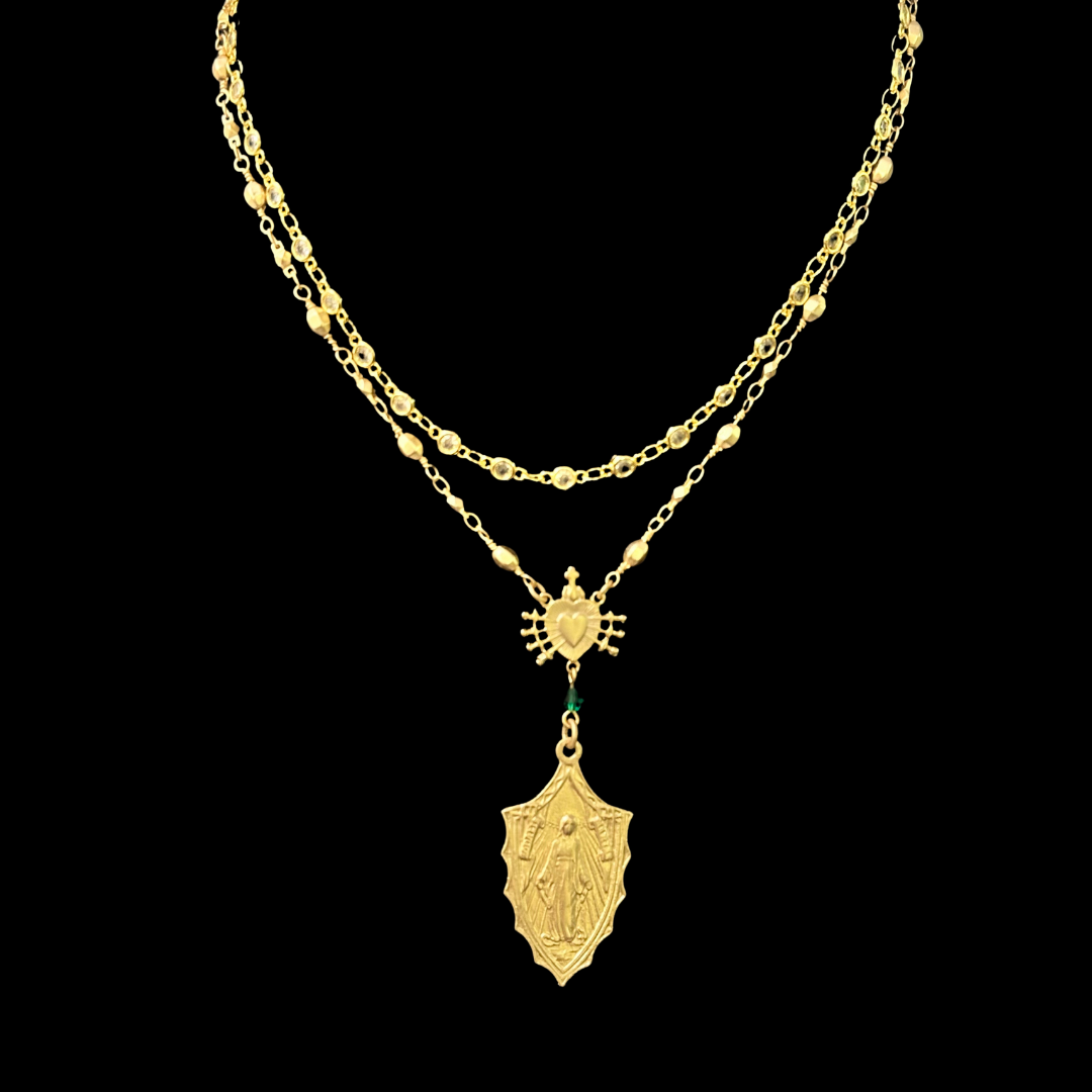 The Madonna's Shield Seven Swords Necklace in Gold Bead Chain.