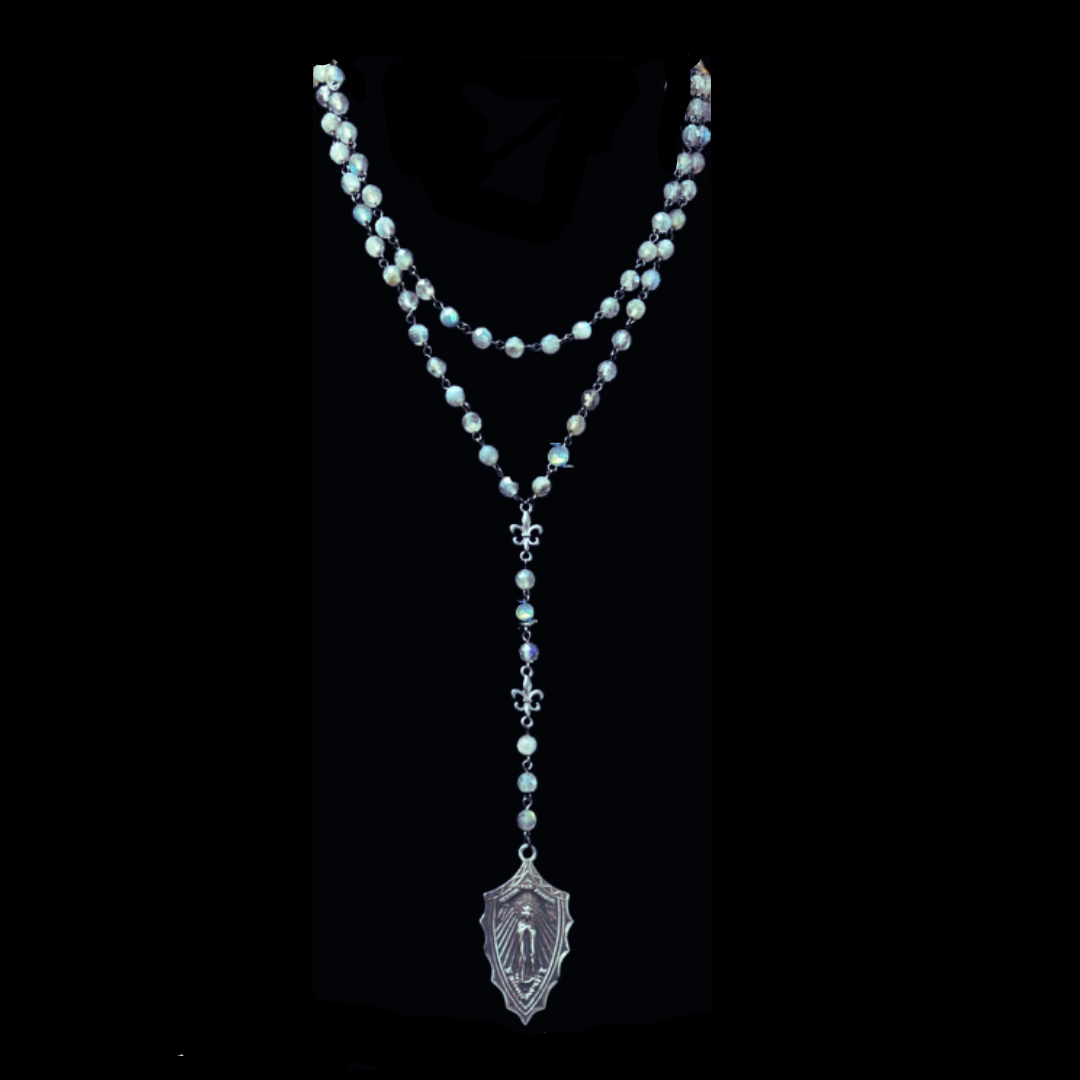 Black Madonna Petite Fleur de Lis  Drop Necklace in Faceted Labradorite Necklace