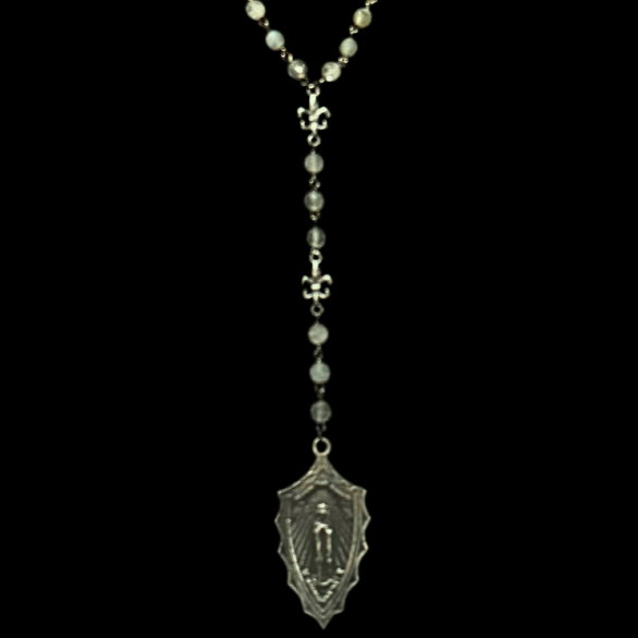 Black Madonna Petite Fleur de Lis  Drop Necklace in Faceted Labradorite Necklace
