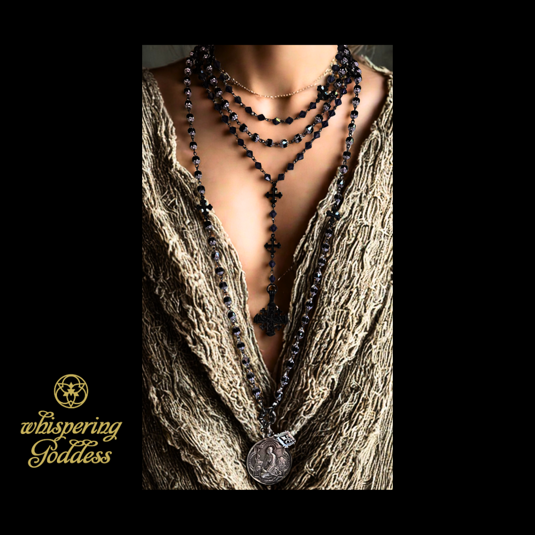 Mystical Mary Magdalene Black Jet & Tanzanite Cathedral Wrap Necklace / Bracelet