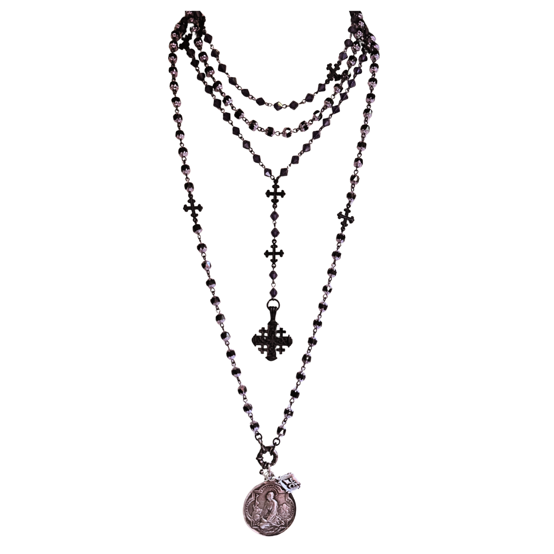 Mystical Mary Magdalene Black Jet & Tanzanite Cathedral Wrap Necklace / Bracelet