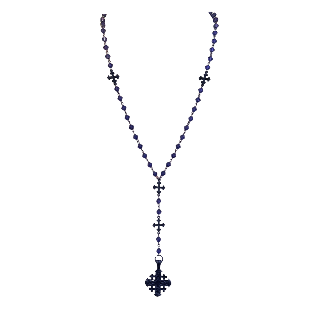 Pilgrims Cross Fleur de Lis Rosary & Necklace in Bohemian Tanzanite & Gunmetal