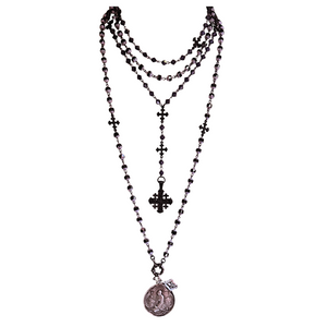 Pilgrims Cross Fleur de Lis Rosary & Necklace in Bohemian Tanzanite & Gunmetal