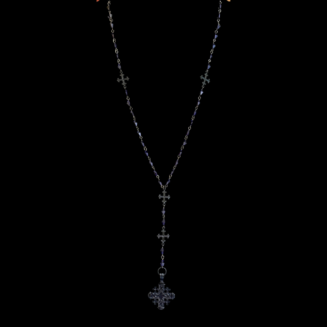 Pilgrims Cross Fleur de Lis Rosary & Necklace in Bohemian Tanzanite & Gunmetal