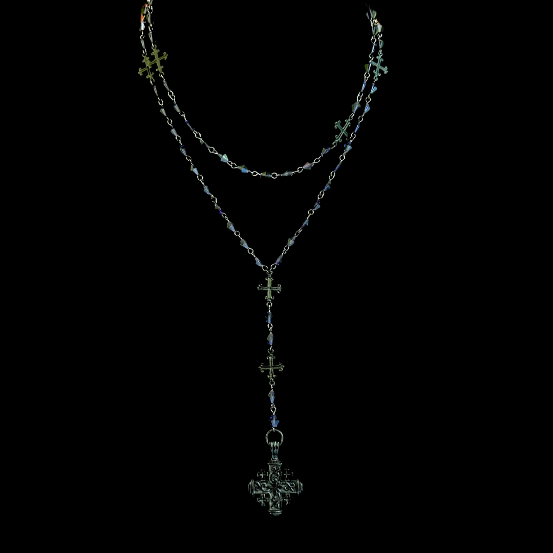 Pilgrims Cross Fleur de Lis Rosary & Necklace in Bohemian Tanzanite & Gunmetal