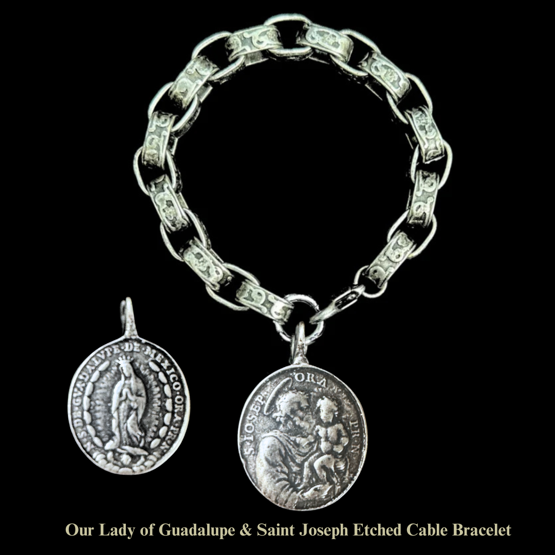 Saint Joseph & Our Lady of Guadalupe Fancy Etched Cable Chain Bracelet - Silver