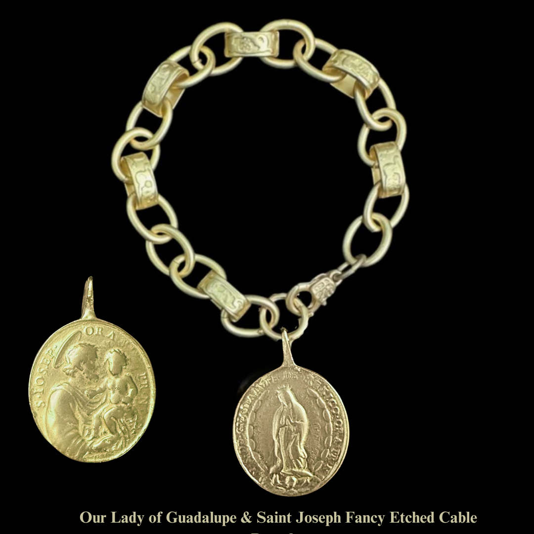 Saint Joseph & Our Lady of Guadalupe Fancy Etched Cable Chain Bracelet - Gold