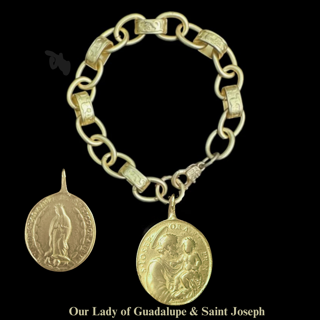 Saint Joseph & Our Lady of Guadalupe Fancy Etched Cable Chain Bracelet - Silver