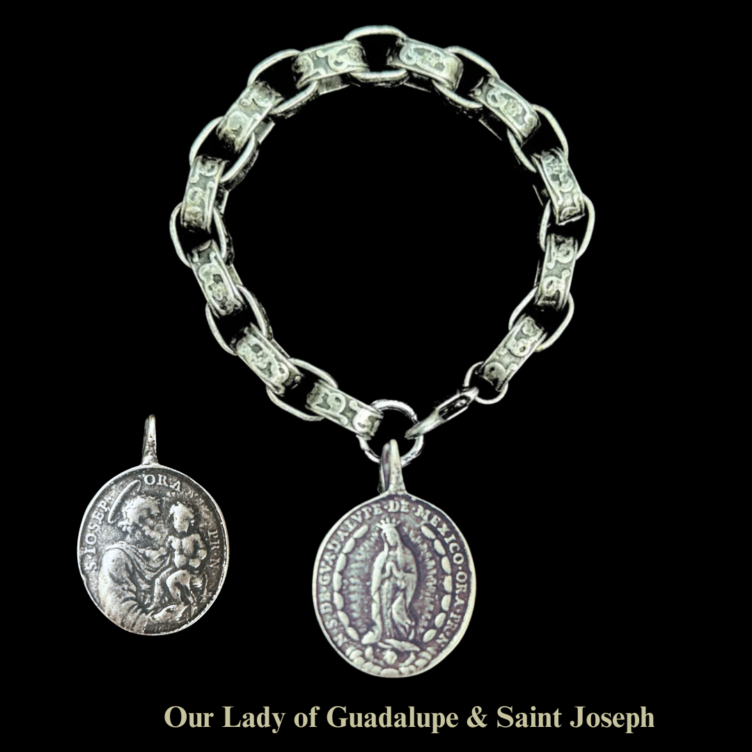 Saint Joseph & Our Lady of Guadalupe Fancy Etched Cable Chain Bracelet - Silver