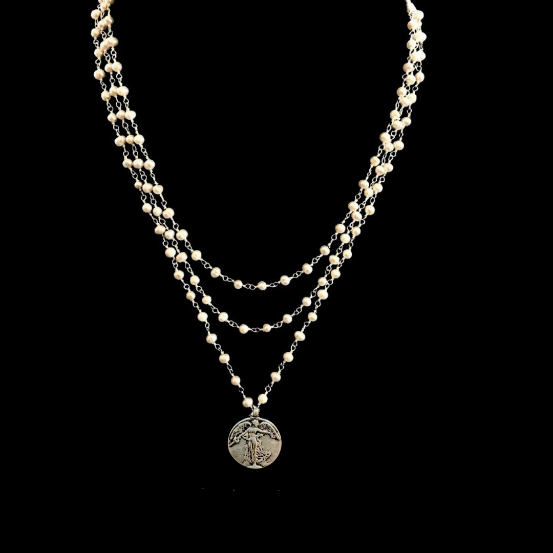 Petite Peace Angel Trinity Freshwater Pearl Necklace - Silver