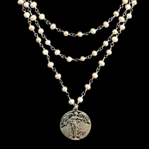 Petite Peace Angel Trinity Freshwater Pearl Necklace - Silver