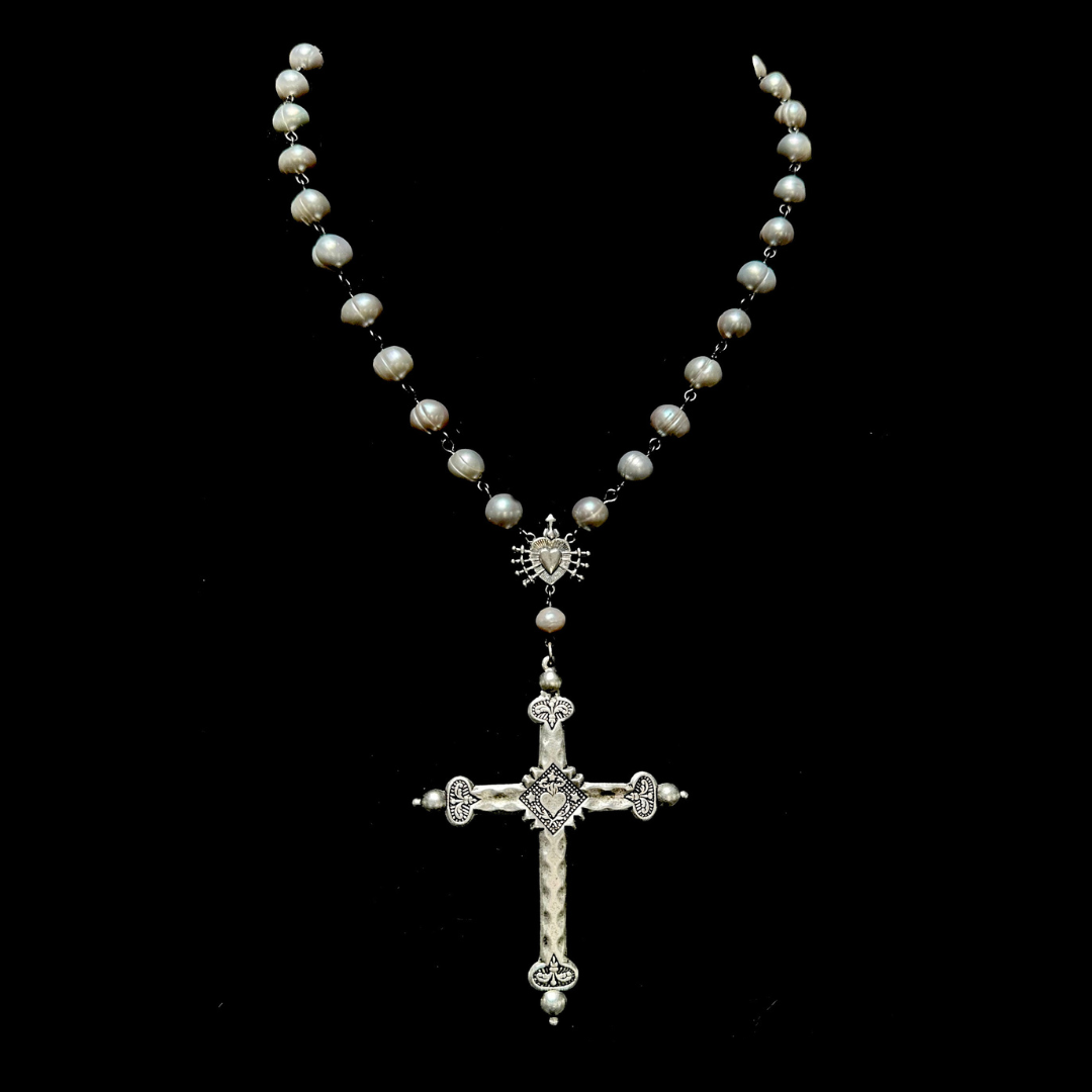 Raphaela Moonglow Sacred Heart Cross Freshwater Pearl Necklace