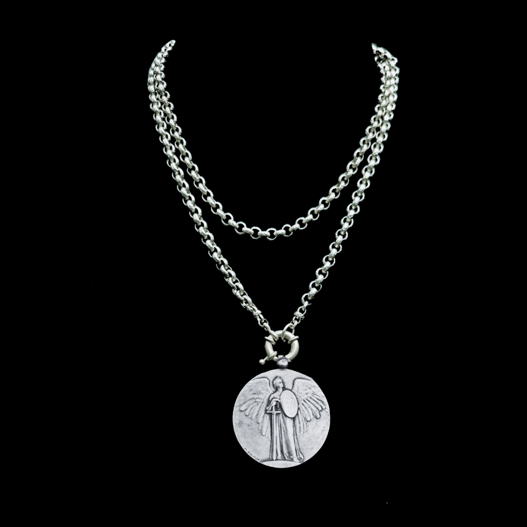 Saint Michael Pax Medallion Renaissance Cable Necklace - Silver