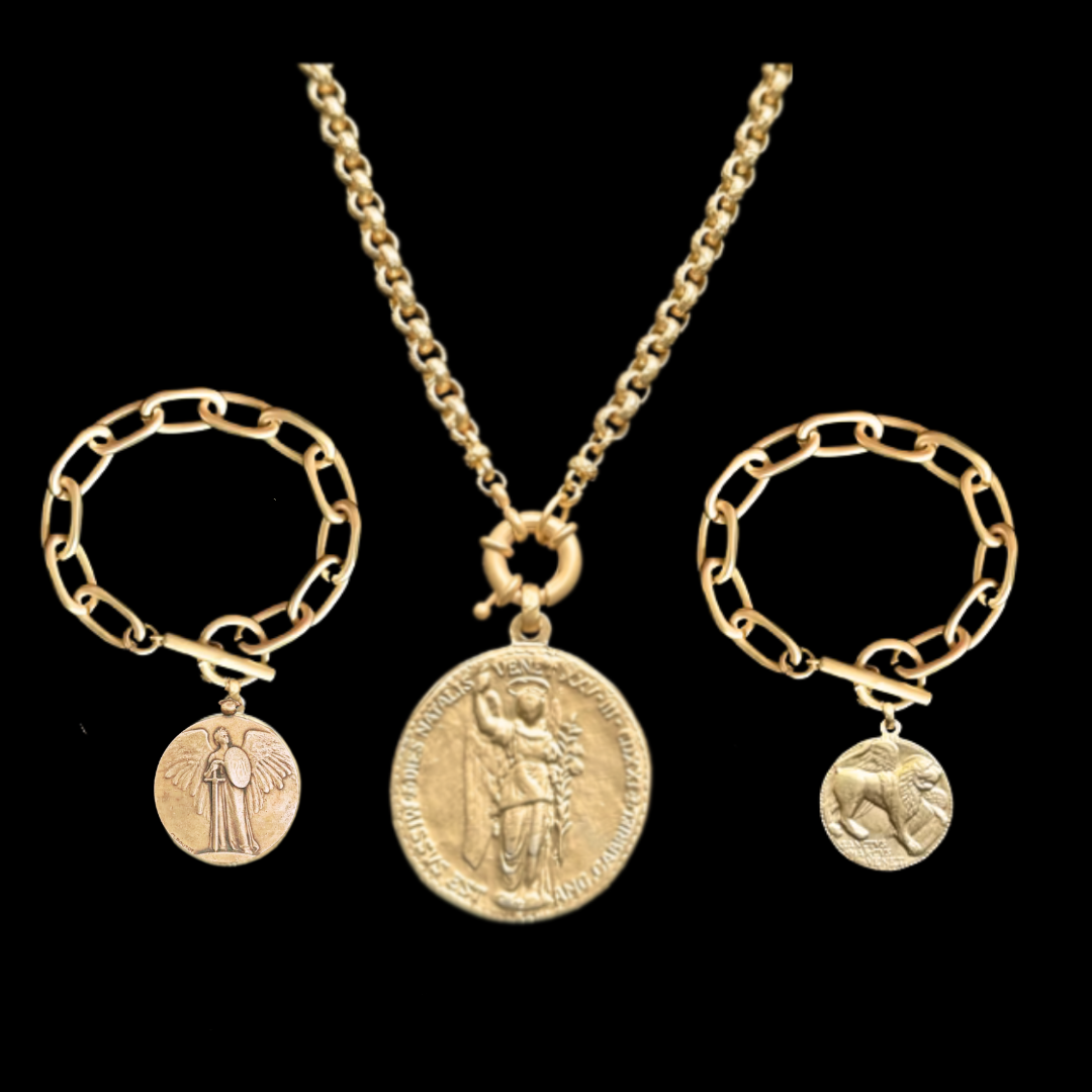 Saint Michael Pax Medallion Renaissance Cable Necklace - Gold