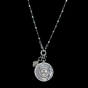 Saint Michael Pax Medallion with Tiny Fleur de Lis Bead  Chain Necklace  - Silver