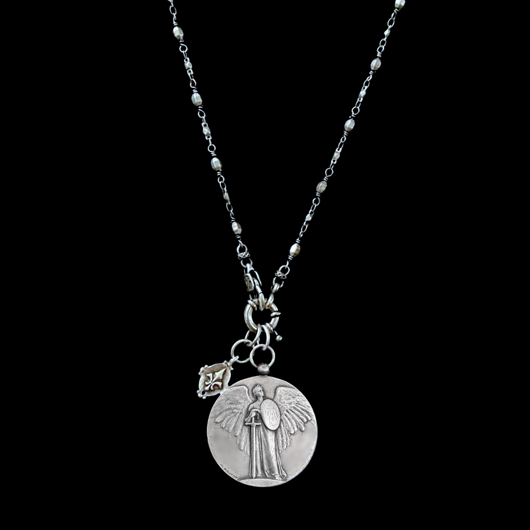 Saint Michael Pax Medallion with Tiny Fleur de Lis Bead  Chain Necklace  - Silver