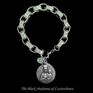 Black Madonna of Czestochowa Fancy Etched Cable Chain Bracelet - Silver