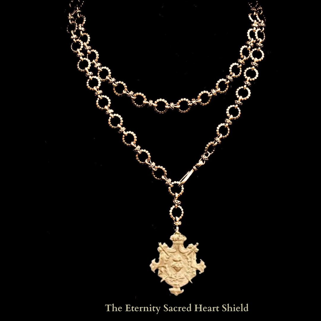 Sacred Heart Shield  Eternity Link Chain Necklace Gold Vermeil