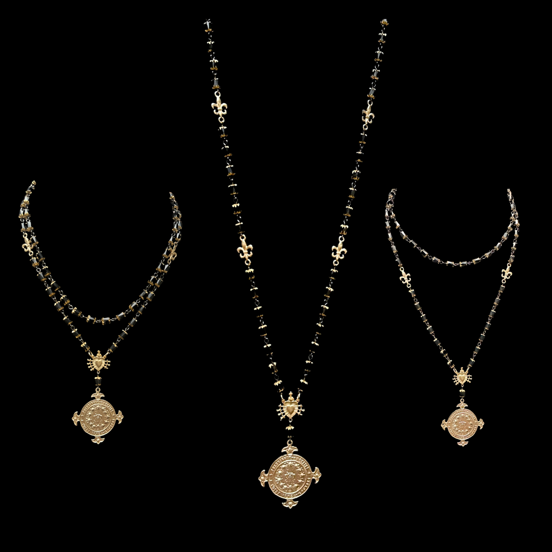 Lourdes Illumination Cathedral Rosary Necklace in Black Jet with Gold Tips