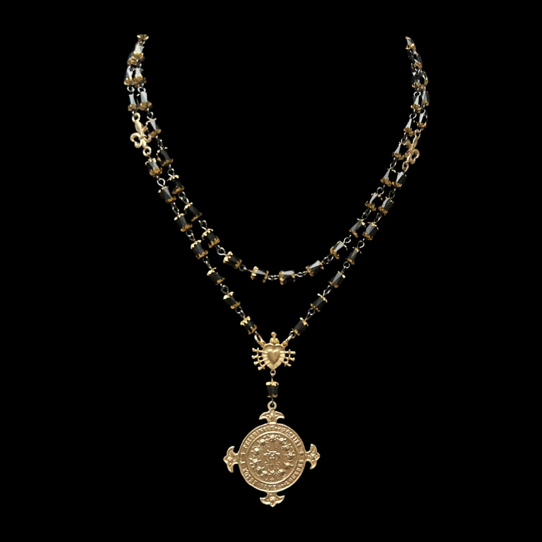 Lourdes Illumination Cathedral Rosary Necklace in Black Jet with Gold Tips