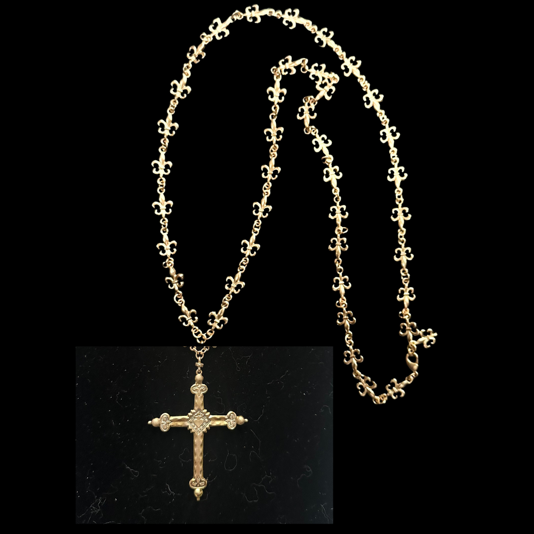 Sacred Heart Cross Fleur de Lys Cascade Chain Necklace in Gold