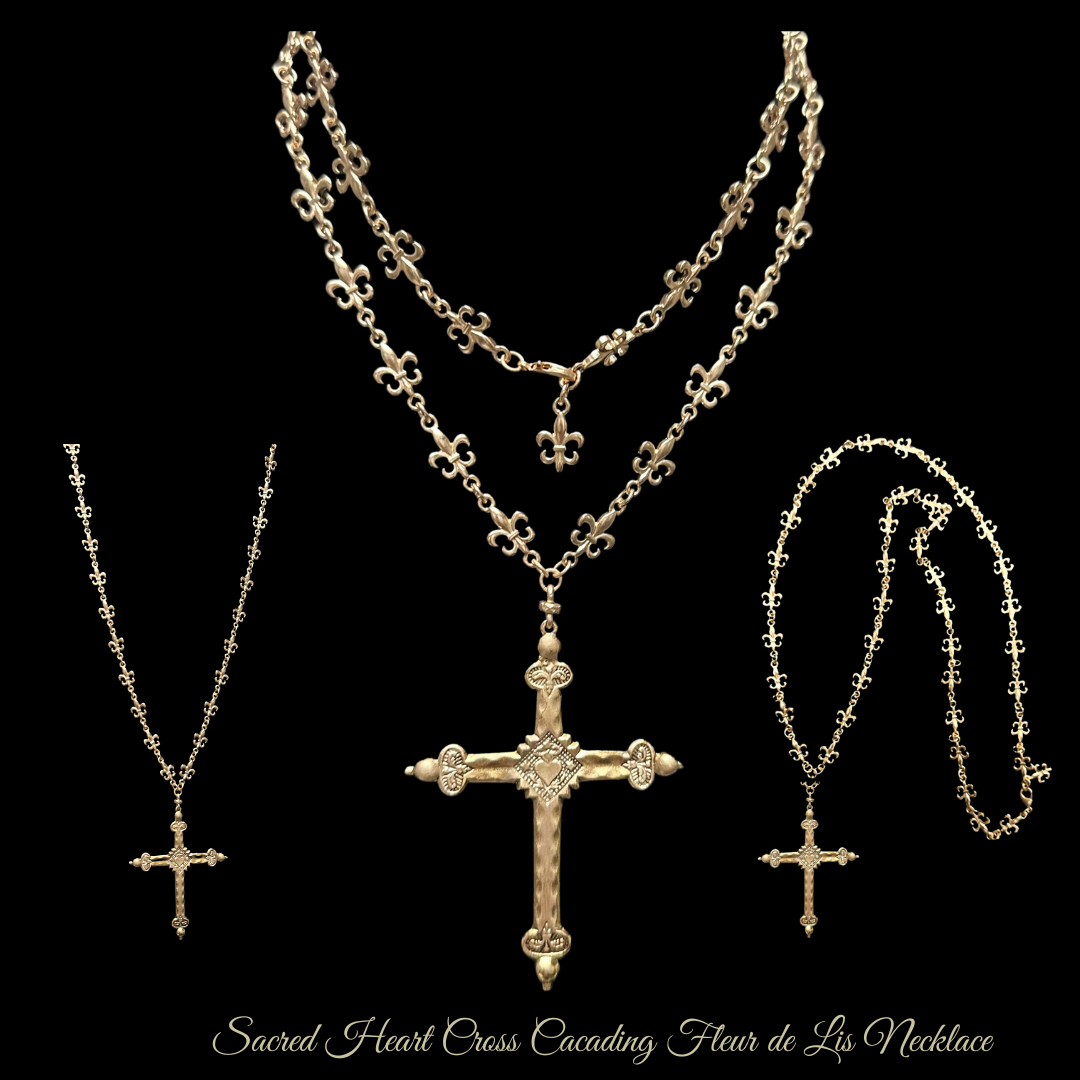 Sacred Heart Cross Fleur de Lys Cascade Chain Necklace in Gold