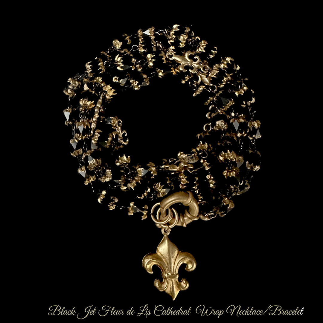 Black Cathedral Wrap Necklace / Bracelet with Black Jet & Gold Tips