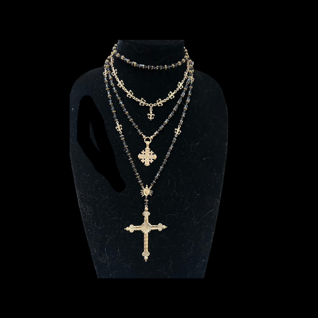 Cathedral Sacred Heart Cross Rosary Necklace in Black Jet with Gold Tips