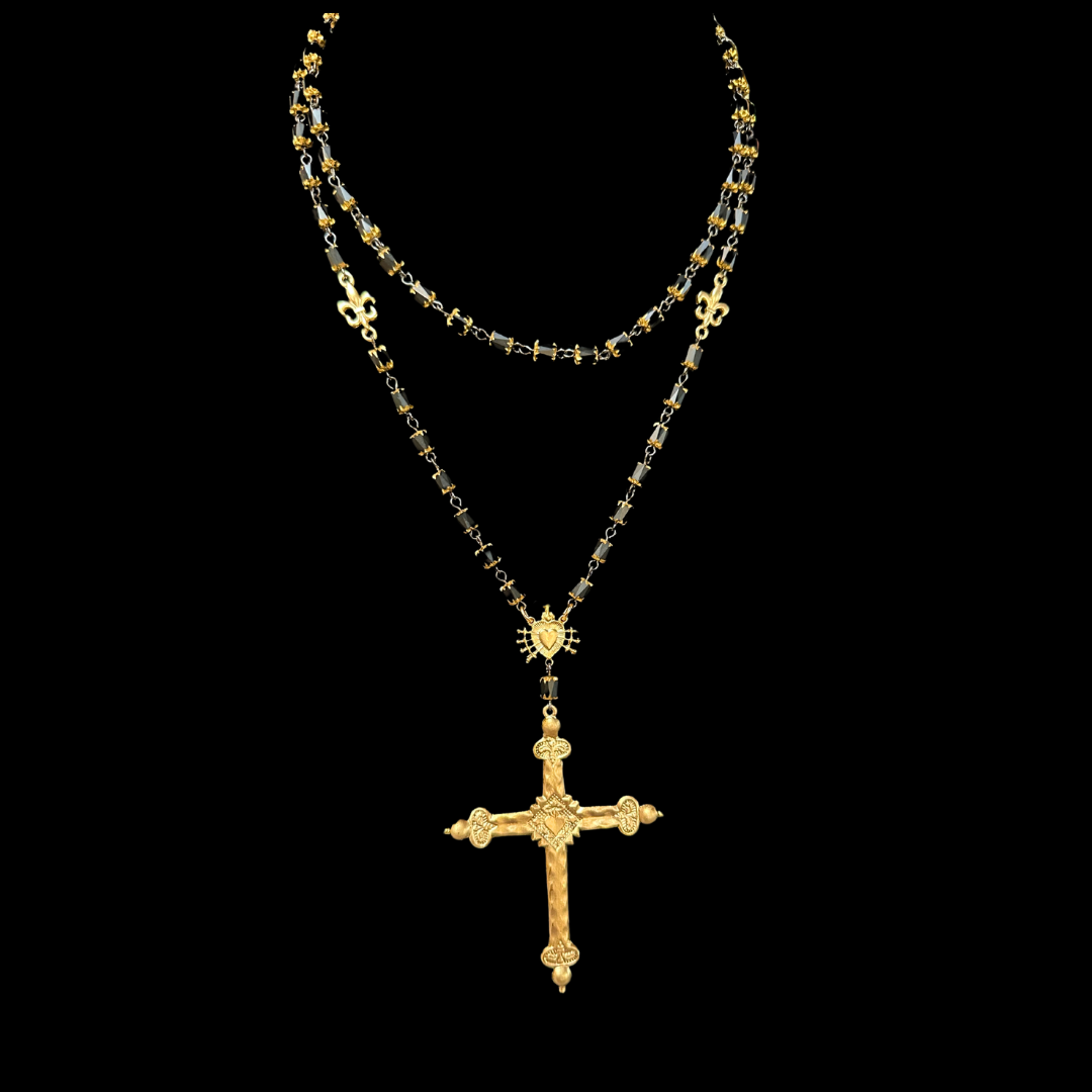 Cathedral Sacred Heart Cross Rosary Necklace in Black Jet with