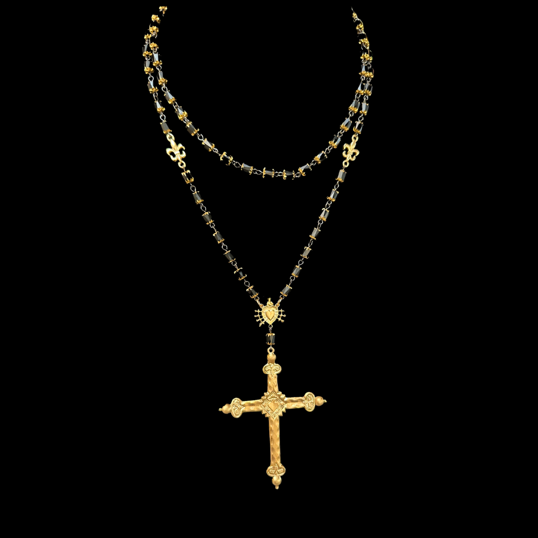 Cathedral Sacred Heart Cross Rosary Necklace in Black Jet with Gold Tips