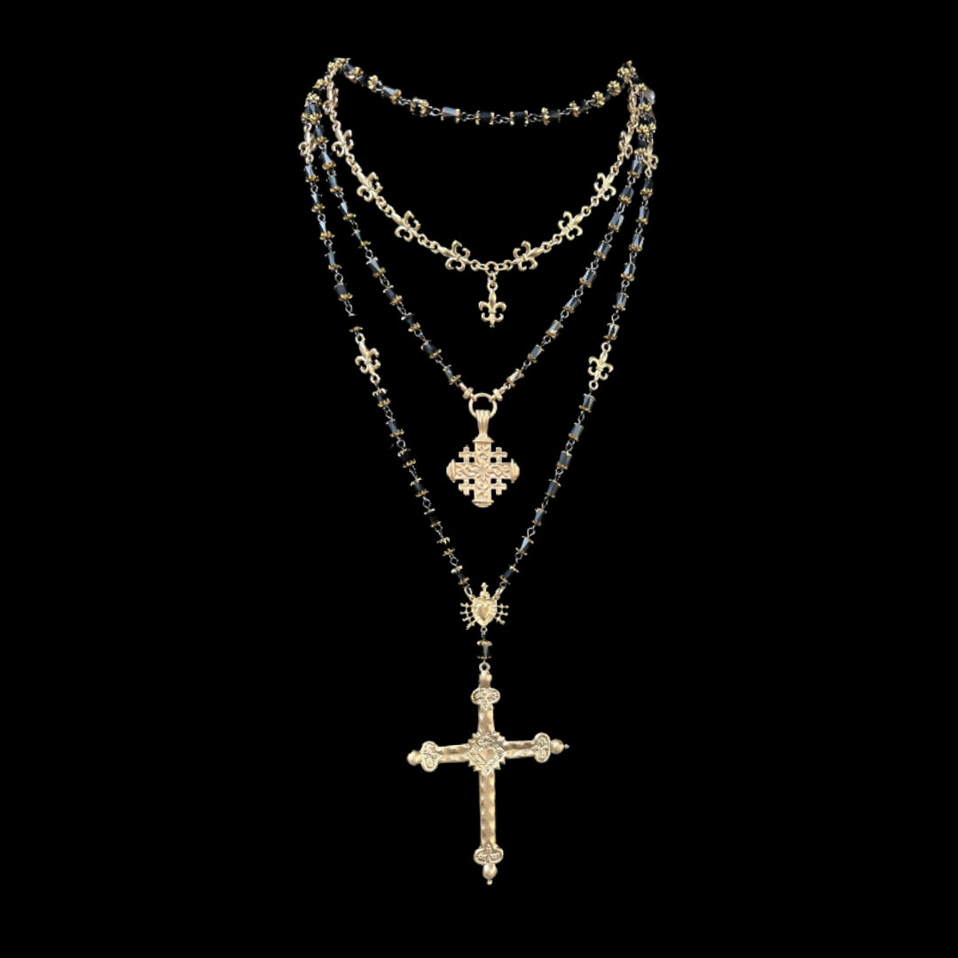 Cathedral Sacred Heart Cross Rosary Necklace in Black Jet with Gold Tips