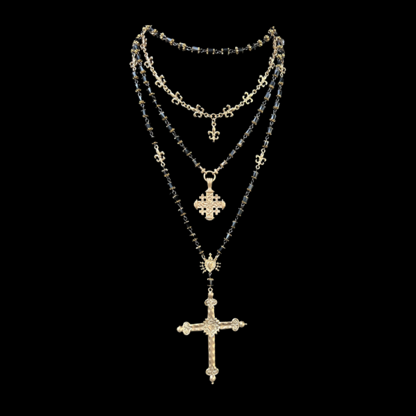 Cathedral Sacred Heart Cross Rosary Necklace in Black Jet with