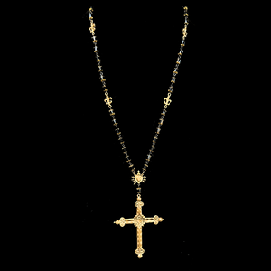 Cathedral Sacred Heart Cross Rosary Necklace in Black Jet with Gold Tips