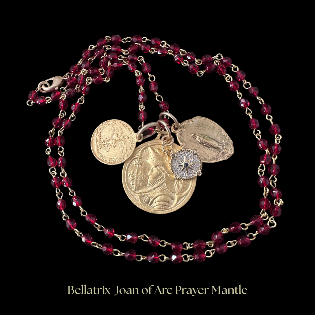 Bellatrix Mantle of Joan of Arc with Garnet Crystals and Gold Necklace