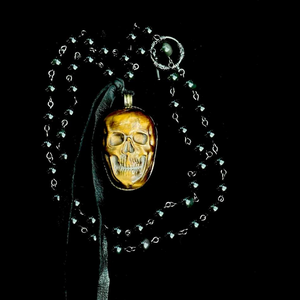 One of a Kind Tiger Eye Skull Necklace on Rainbow Obsidian Necklace