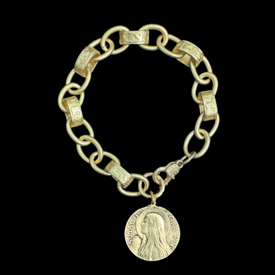 Mary Magdalene Fancy Etched Cable Chain Bracelet - Gold