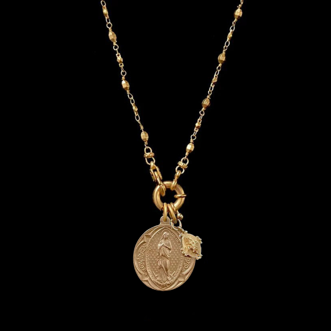 Sainte Vierge Immaculate Heart with Tiny Fleur de Lis Bead Chain Necklace - Gold