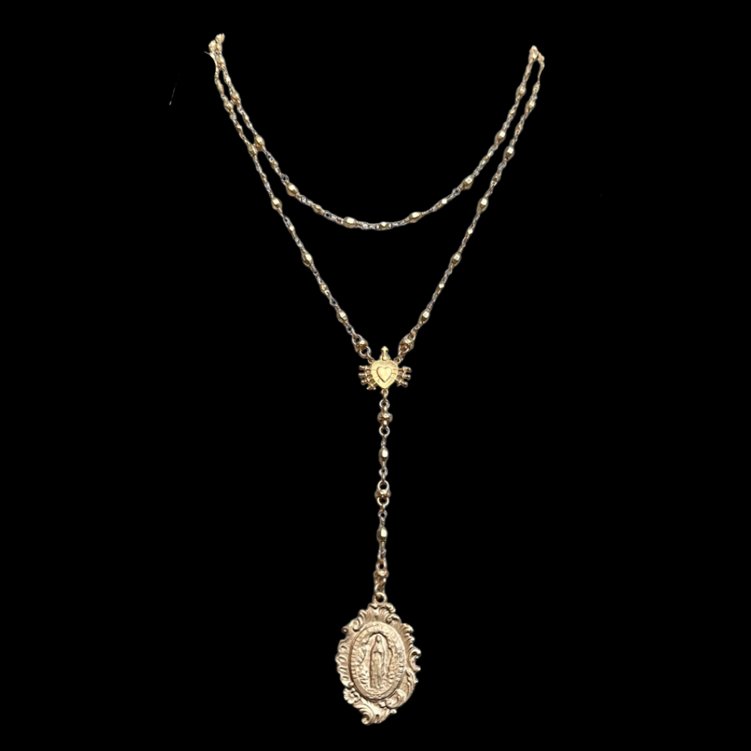Virgin of the Golden Heart Bead Chain Drop Necklace - Gold