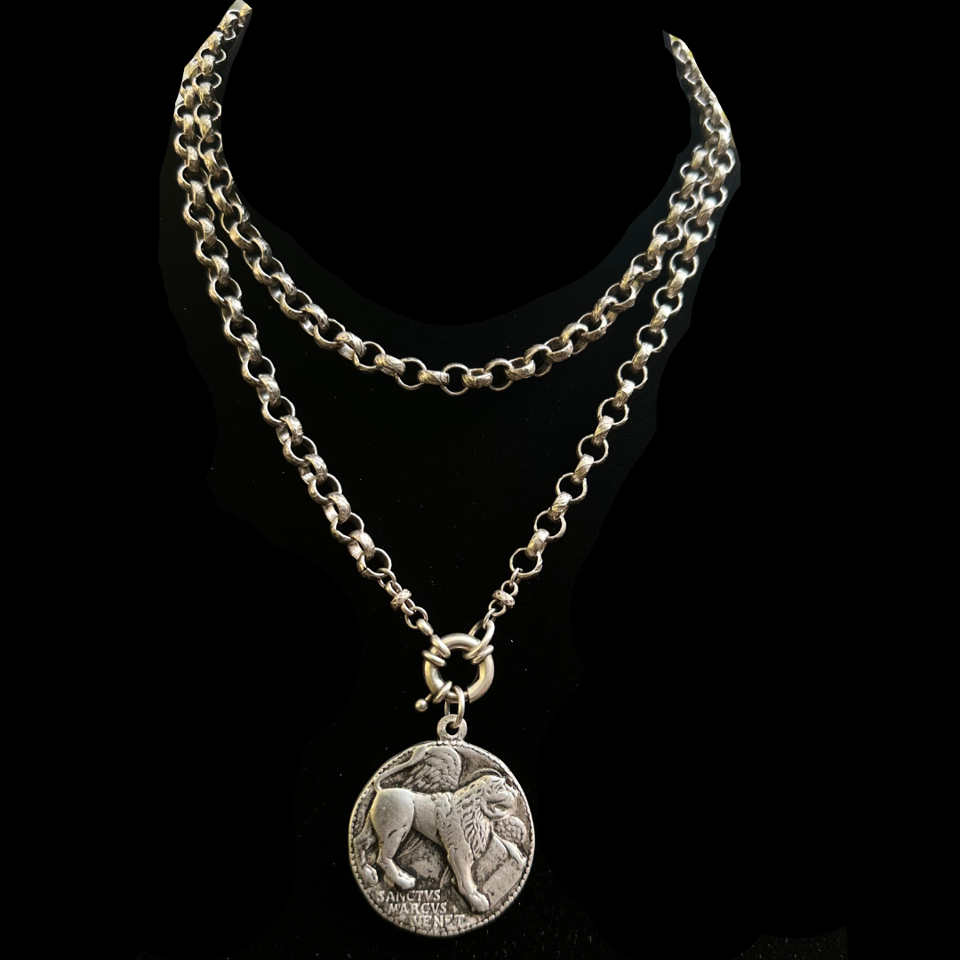 The Winged Lion & Archangel Gabriel Renaissance Cable Necklace - Silver