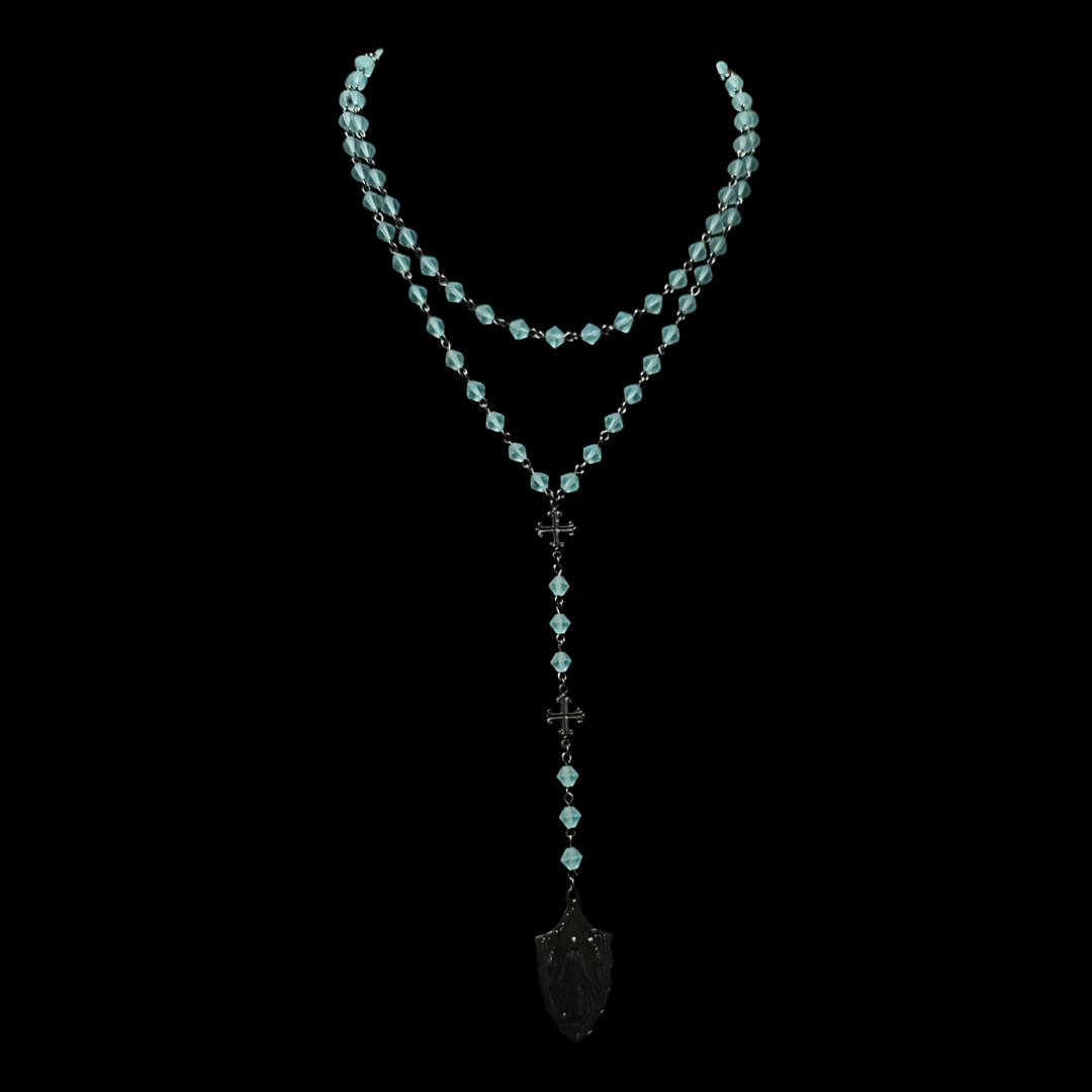 Black Madonna Triple Cross Drop Necklace in Pacific Opal and Gunmetal